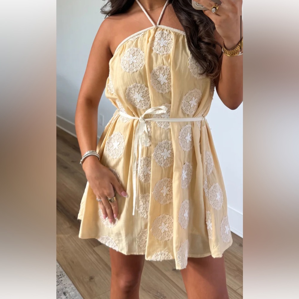 Strapless Yellow Floral Crochet Detail Dress